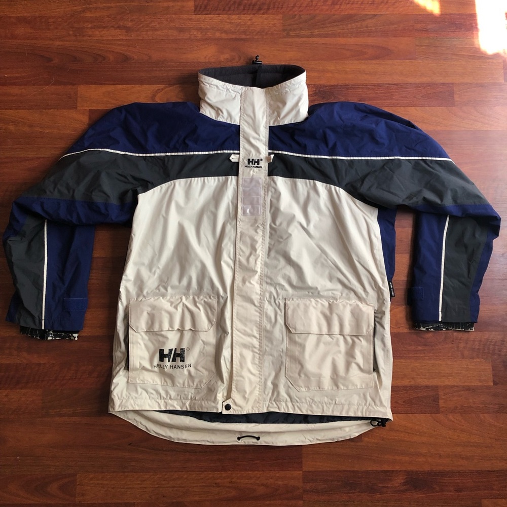 Helly Hansen jacket hoodie cream blue men’s Sz XL